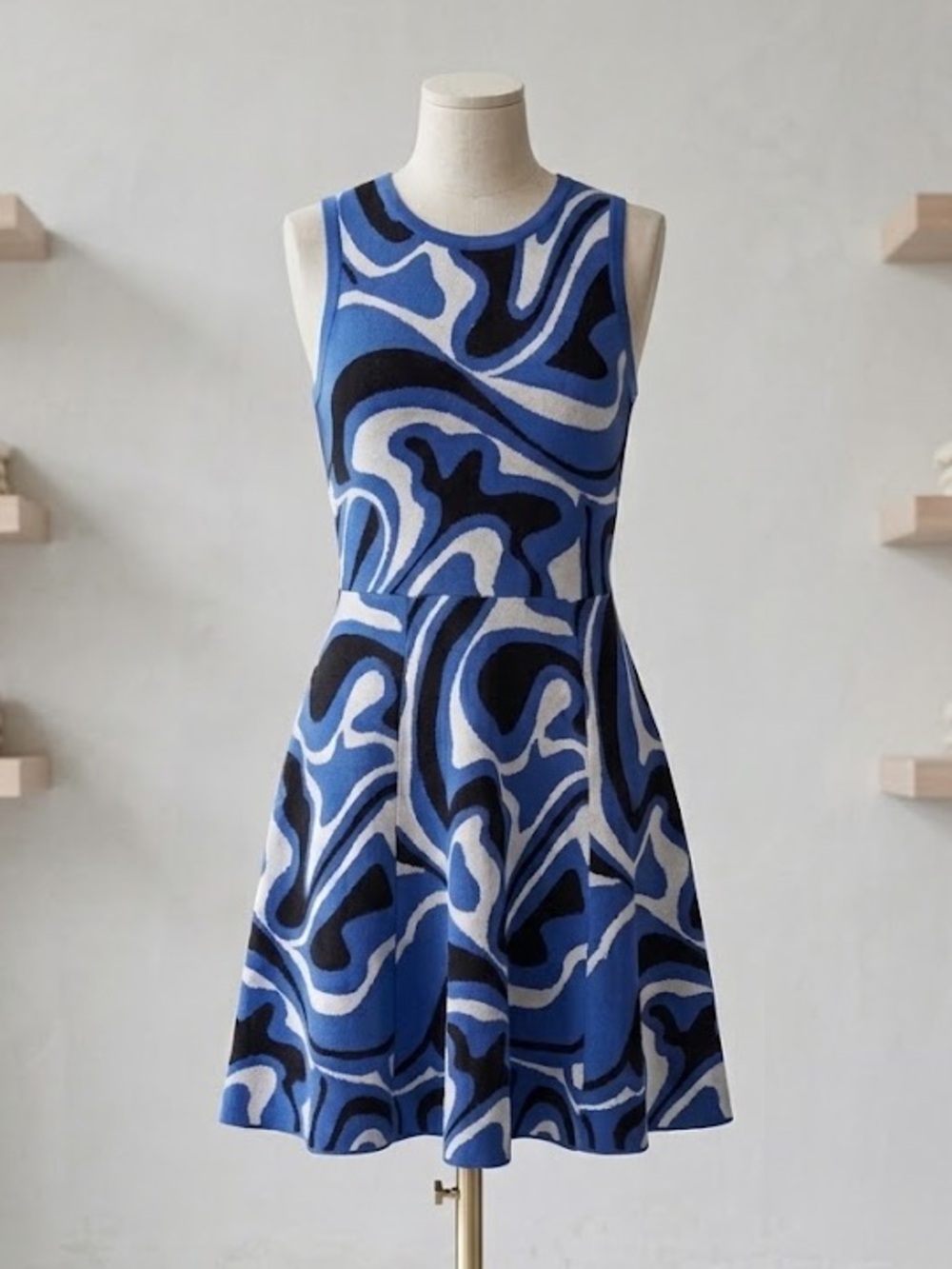 Milly Blue Abstract Swirl Knit Fit & Flare Mini Dress | Zip Back